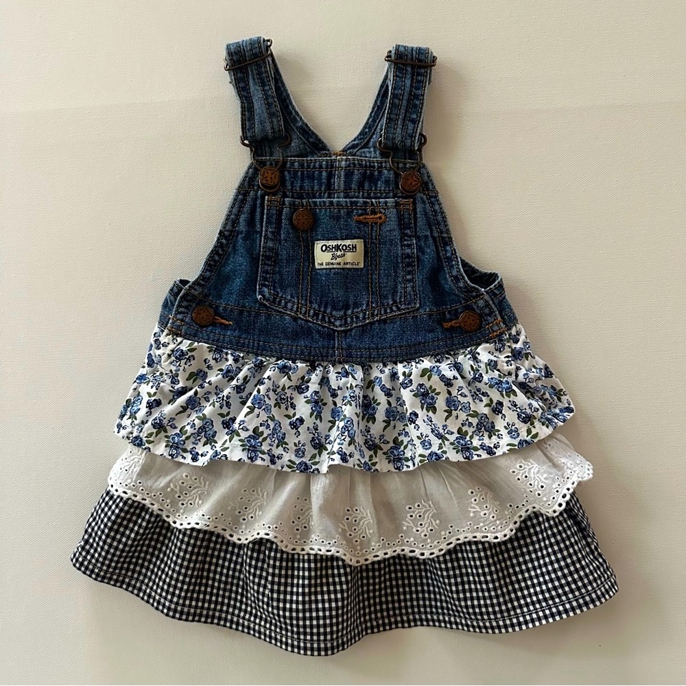 OshKosh 24 Months Baby Girl Denim Blue Floral Gingham Dress Spring Summer